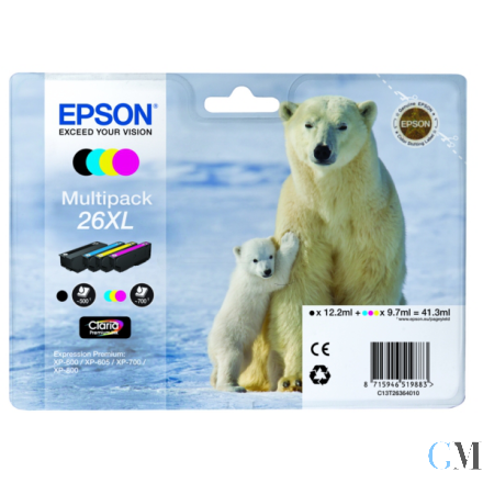 Original Epson C13T26364010/26XL Tintenpatrone MultiPack Bk,C,M,Y High-Capacity XL 1x500,3x700, 12ml 3x10ml VE=4
