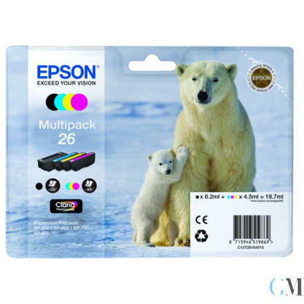 Original Epson C13T26164010/26 Tintenpatrone MultiPack Bk,C,M,Y 220pg + 3x300pg, 6ml + 3x5ml VE=4
