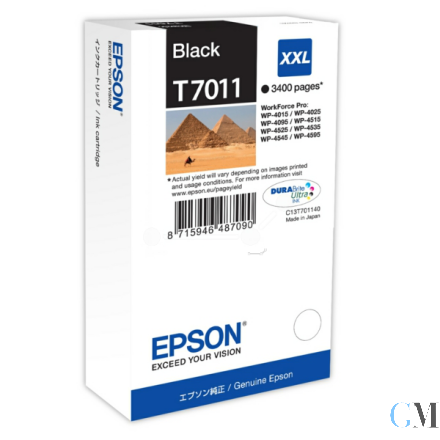 Original Epson C13T70114010/T7011 Tintenpatrone schwarz XXL, 3.400 Seiten ISO/IEC 24711 63.2ml