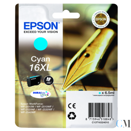 Original Epson C13T16324010/16XL Tintenpatrone cyan High-Capacity XL, 450 Seiten 6.5ml