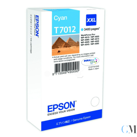 Original Epson C13T70124010/T7012 Tintenpatrone cyan XXL, 3.400 Seiten ISO/IEC 24711 34.2ml