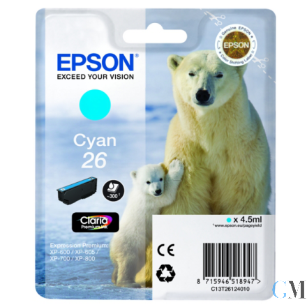 Original Epson C13T26124012/26 Tintenpatrone cyan, 300 Seiten ISO/IEC 19752 4,5ml