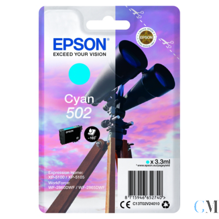 Original Epson C13T02V24010/502 Tintenpatrone cyan, 160 Seiten 3,3ml