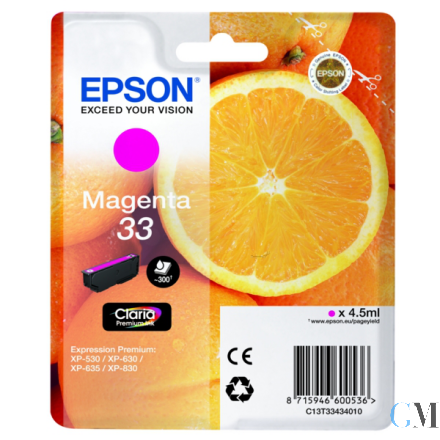 Original Epson C13T33434012/33 Tintenpatrone magenta, 300 Seiten ISO/IEC 19752 4,5ml