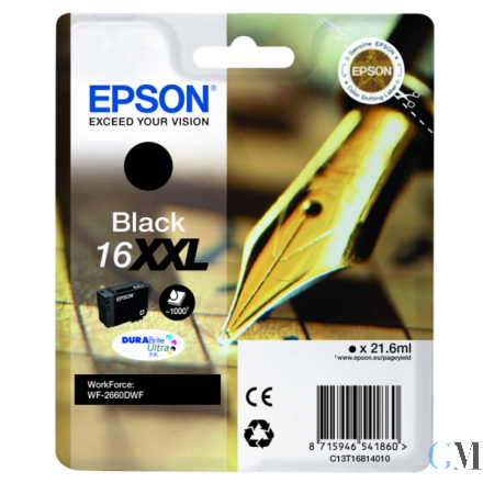 Original Epson C13T16814012/16XXL Tintenpatrone schwarz extra High-Capacity, 1.000 Seiten ISO/IEC 24711 21.6ml
