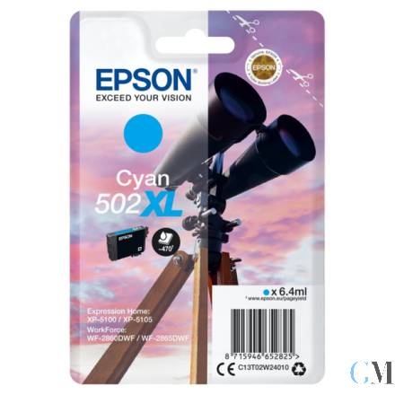 Original Epson C13T02W24010/502XL Tintenpatrone cyan High-Capacity, 470 Seiten 6,4ml