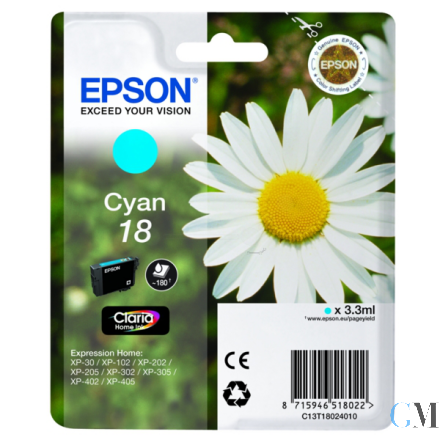 Original Epson C13T18024012/18 Tintenpatrone cyan, 180 Seiten 3ml
