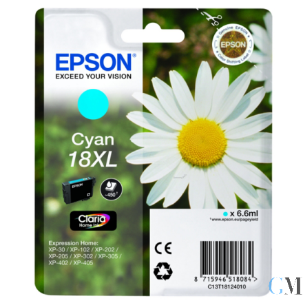 Original Epson C13T18124012/18XL Tintenpatrone cyan High-Capacity, 450 Seiten 6,6ml