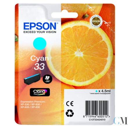 Original Epson C13T33424012/33 Tintenpatrone cyan, 300 Seiten ISO/IEC 19752 4,5ml