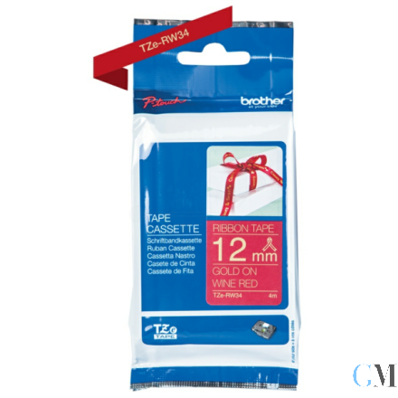 Original Brother TZE-RW34 DirectLabel gold auf rot nicht klebend textil 12mm x 4m