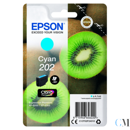 Original Epson C13T02F24010/202 Tintenpatrone cyan, 300 Seiten 4,1ml