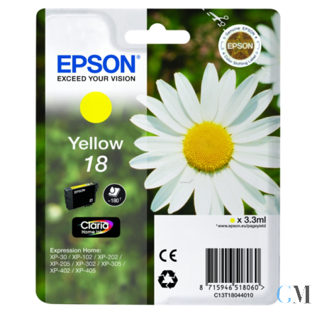 Original Epson C13T18044012/18 Tintenpatrone gelb, 180 Seiten 3ml