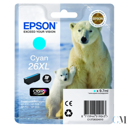 Original Epson C13T26324012/26XL Tintenpatrone cyan High-Capacity XL, 700 Seiten 9,7ml