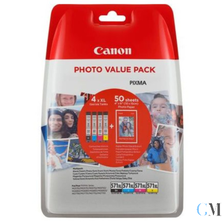 Original Canon 0332C006/CLI-571XL Tintenpatrone MultiPack Bk,C,M,Y High-Capacity + Fotopapier 50 Blatt 11ml VE=4