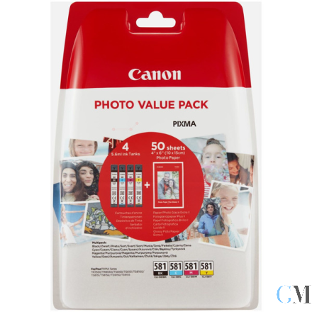 Original Canon 2106C006/CLI-581 Tintenpatrone MultiPack Bk,C,M,Y + Fotopapier 50 Blatt 10x15cm 1505/256/237/257 pg VE=4