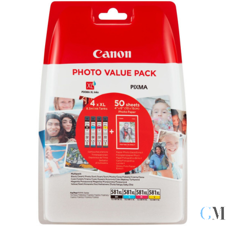 Original Canon 2052C006/CLI-581XL Tintenpatrone MultiPack Bk,C,M,Y High-Capacity + Fotopapier 50 Blatt VE=4