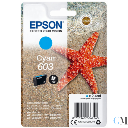 Original Epson C13T03U24010/603 Tintenpatrone cyan, 130 Seiten 2.4ml