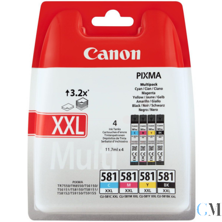 Original Canon 1998C007/CLI-581XXL Tintenpatrone MultiPack Bk,C,M,Y extra High-Capacity VE=4