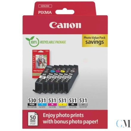 Original Canon 6117C004/PGI-530/CLI531 Tintenpatrone MultiPack 1xPGI + 5x CLI Bk,C,M,Y,GY + Fotopapier PP-201 18,5ml + 5x 8,2ml VE=6