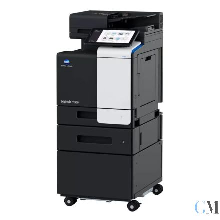 Konica Minolta bizhub C3350i DIN A4 Farb Multifunktionsgerät refurbished auf Papierfach PF-P20 und Unterschrank auf Rollen mit ADF Dualscan