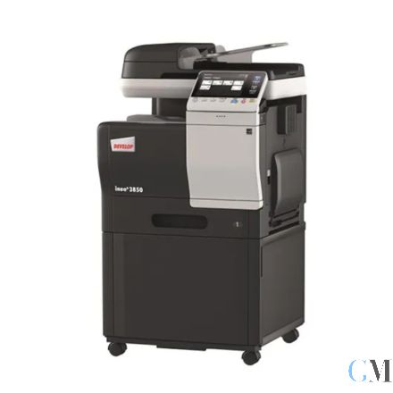 Develop Ineo+ 3350 Multifunktionsgerät refurbished DIN A4 MFP Farbe auf Unterschrank mit unter 15.000 gedruckten Seiten