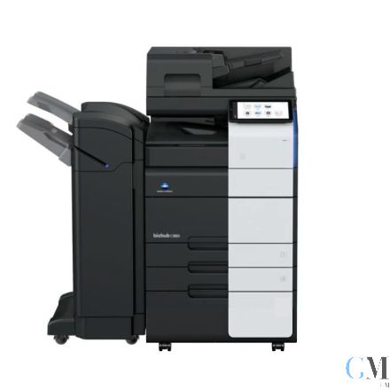 Konica Minolta bizhub C300i DIN A3 Farbkopierer refurbished auf Unterschrank mit Rollen mit ADF DF-632 mit Finisher FS-539 mit Tacker mit gebrauchtem Tonersatz