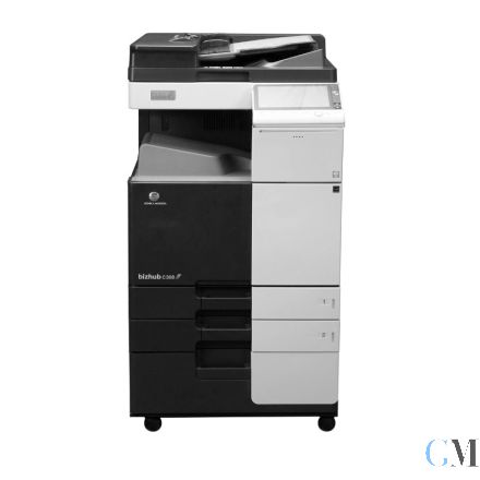 Konica Minolta bizhub C308 DIN A3 Farbkopierer refurbished auf Unterschrank mit ADF DF-629 mit 221.977 gedruckten Seiten mit gebrauchtem Tonersatz B: 50% C: 20% M: 50% Y: 20% Trommel B: 38% CMY: 64% Entwickler B: 63% CMY: 95% Wartungskit 63%