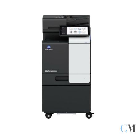 Konica Minolta bizhub C3350i Multifunktionsgerät refurbished auf Unterschrank DK-P04 auf Rollen mit 69.340 gedruckten Seiten Toner B: 62% C: NEU M: 89% Y: 78% Trommel B 87% C 53% M 53% Y 53%