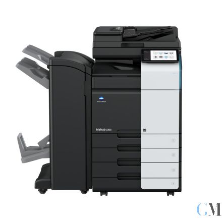 Konica Minolta bizhub C360i Farbkopierer refurbished mit DF-632 auf PC-216 mit Finisher FS-539 Booklet Tacker Locher mit TWT-506 Working Table mit 207.054 Seiten gedruckt Toner B: 34% C: 84% M: 94% Y:67% DK B: 55% CMY: 64%