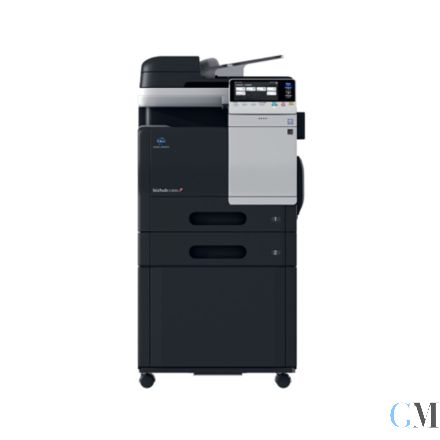 Konica Minolta bizhub C3851 DIN A4 Farb Multifunktionsgerät refurbished mit ADF auf Zusatzpapierfach PF-P13 und auf Unterschrank mit Rollen mit 11.546 gedruckten Seiten mit gebrauchtem Tonersatz B: 20% C: 50% M: 70% Y: 70%