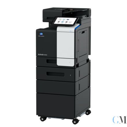 Konica Minolta bizhub C4050i DIN A4 Farbe Multifunktionsgerät refurbished mit Zusatzpapierfach PF-P20 mit PF-P22 auf einem Unterschrank mit gebrauchtem Tonersatz
