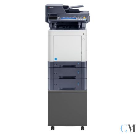 Kyocera ECOSYS M6035cidn DIN A4 Farb Duplex LAN Multifunktionsgerät refurbished mit Papierfach 2x PF-5100 500 Blatt und CB-5100H Unterschrank Holz
