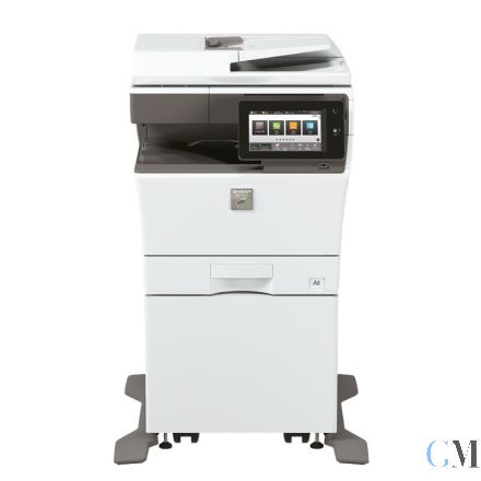 Sharp MX-C304W Multifunktionsdrucker refurbished DIN A4 WLAN Farb MFP auf Unterschrank mit Rollen mit 15.889 gedruckten Seiten mit gebrauchtem Tonersatz B: 75% C: 75% M: 75% Y: 75%