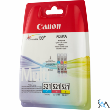 Original Canon 2934B010/CLI-521 Tintenpatrone MultiPack C,M,Y, 3x446 Seiten ISO/IEC 24711 9ml VE=3