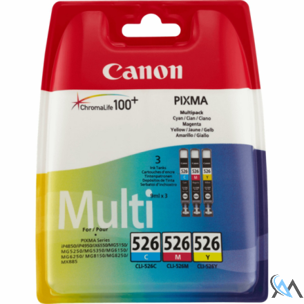 Original Canon 4541B009/CLI-526 Tintenpatrone MultiPack C,M,Y, 3x450 Seiten ISO/IEC 24711 9ml VE=3