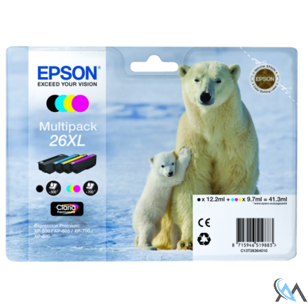 Original Epson C13T26364010/26XL Tintenpatrone MultiPack Bk,C,M,Y High-Capacity XL 1x500,3x700, 12ml 3x10ml VE=4