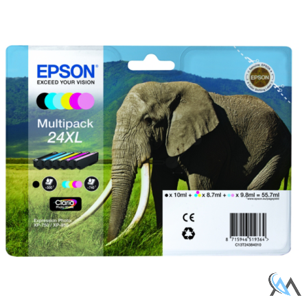 Original Epson C13T24384010/24XL Tintenpatrone MultiPack Bk,C,M,Y,LC,LM High-Capacity, 6x740 Seiten 500pg + 5x740 pg, 1x10ml + 3x9ml + 2x10ml VE=6