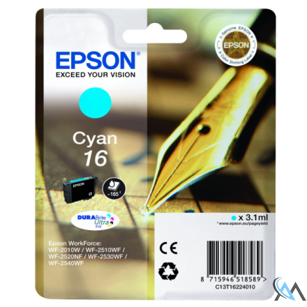 Original Epson C13T16224010/16 Tintenpatrone cyan, 165 Seiten 3.1ml