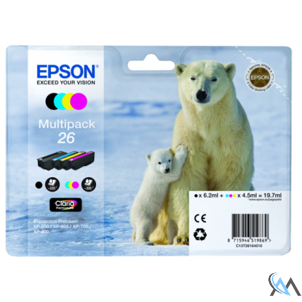 Original Epson C13T26164010/26 Tintenpatrone MultiPack Bk,C,M,Y 220pg + 3x300pg, 6ml + 3x5ml VE=4