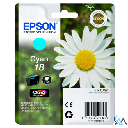 Original Epson C13T18024010/18 Tintenpatrone cyan, 180 Seiten 3ml