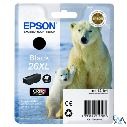 Original Epson C13T26214010/26XL Tintenpatrone schwarz High-Capacity XL, 500 Seiten 12.2ml