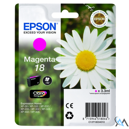 Original Epson C13T18034010/18 Tintenpatrone magenta, 180 Seiten 3ml