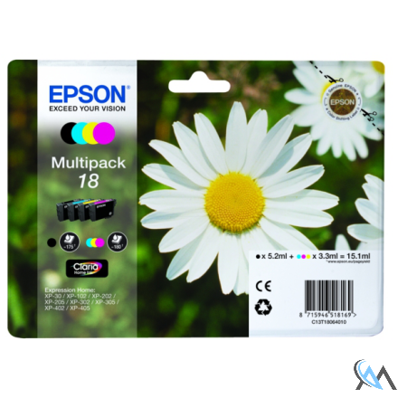 Original Epson C13T18064010/18 Tintenpatrone MultiPack Bk,C,M,Y 175pg + 3x180pg, 1x 5ml + 3x 3ml VE=4