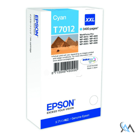 Original Epson C13T70124010/T7012 Tintenpatrone cyan XXL, 3.400 Seiten ISO/IEC 24711 34.2ml