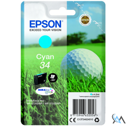 Original Epson C13T34624010/34 Tintenpatrone cyan, 300 Seiten 4,2ml