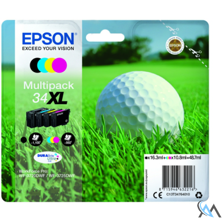 Original Epson C13T34764010/34XL Tintenpatrone MultiPack Bk,C,M,Y High-Capacity 16,3ml + 3x10,8ml VE=4