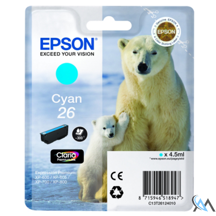 Original Epson C13T26124012/26 Tintenpatrone cyan, 300 Seiten ISO/IEC 19752 4,5ml