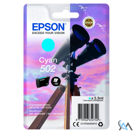 Original Epson C13T02V24010/502 Tintenpatrone cyan, 160 Seiten 3,3ml