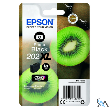 Original Epson C13T02H14020/202XL Tintenpatrone schwarz foto High-Capacity Blister Acustic Magnetic, 800 Seiten 7,9ml