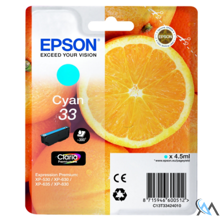 Original Epson C13T33424010/33 Tintenpatrone cyan, 300 Seiten ISO/IEC 24711 4.5ml